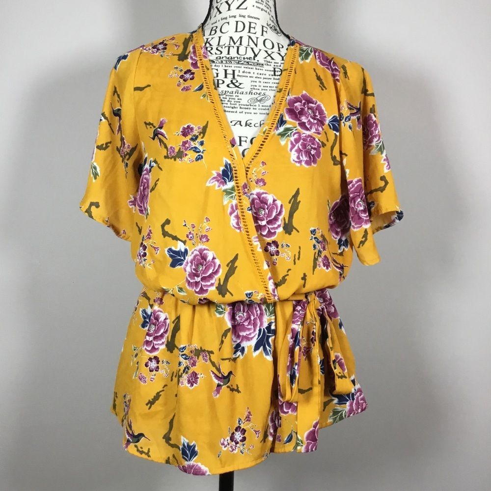Kimono style wrap to with tie waist mustard pink green floral floaty vee neck S